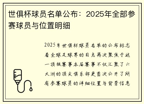 世俱杯球员名单公布：2025年全部参赛球员与位置明细
